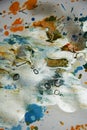 Oil painting silver watercolor orange blue wax vivid spots, abstract creative background