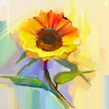 Oil painting a single yellow sunflower with green leaves