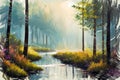 Oil painting sketch landscape of calm forest river Royalty Free Stock Photo