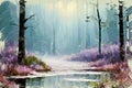 Oil painting sketch landscape of calm forest river