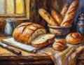 Oil painting of sliced bread and baguettes on kitchen table