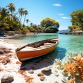 oil painting of small island beach with palm trees and boat, beautiful scene view art portrait Royalty Free Stock Photo