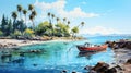 oil painting of small island beach with palm trees and boat, beautiful scene view art portrait Royalty Free Stock Photo