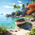 oil painting of small island beach with palm trees and boat, beautiful scene view art portrait Royalty Free Stock Photo