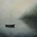 Small sail boat on a lake, quiet a few ripples on the water subdued misty Royalty Free Stock Photo