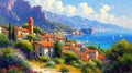 Oil painting of a small town on the Mediterranean Sea, mountains in the background, beautiful summer weather