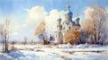 Russian Winter Church: A Charming Renaissance In Levitan\'s Style Royalty Free Stock Photo