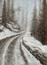 Oil Painting of a snow road with trees on the side and falling snow. Royalty Free Stock Photo