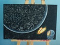 Oil painting space. Planet, butterfly and astronaut. Background. Texture.