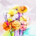 Oil painting spring flower. Still life of yellow, pink, red gerbera and rose bouquet. Royalty Free Stock Photo