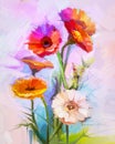 Oil painting of spring flowers. Still life of yellow and red gerbera flower