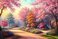 Oil painting spring spring landscape of blooming cherry trees, beautiful pink sakura trees in the forest