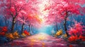 Oil painting spring spring landscape of blooming cherry trees, beautiful pink sakura trees in the forest