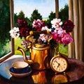 Oil Painting - still life, a bouquet of flowers, clock Royalty Free Stock Photo