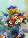 Oil painting still life bouquet of White,Yellow and Orange Sunflower, Gerbera, Daisy flowers Royalty Free Stock Photo