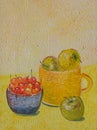 Oil painting still life with cherries and apples on a yellow background close-up, expressive texture, bright strokes, relief strok