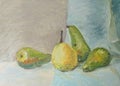 Oil painting still life, green and yellow pears on the background of drapery close-up, expressive texture, bright strokes, relief