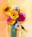 Oil painting still life of white, yellow and red flower Royalty Free Stock Photo