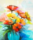 Oil painting still life of yellow, pink, red gerbera bouquet Royalty Free Stock Photo