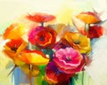 Oil painting Still life of yellow, pink and red poppy