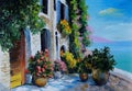 Oil Painting - stone embankment, filled with flowers near the sea