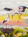 Oil painting storks feed their chicks