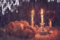 oil painting style abstract image of shabbat. challah bread, shabbat wine and candles.