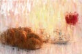 oil painting style abstract image of shabbat. challah bread, shabbat wine and candles.