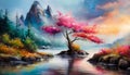 Painting of mountain peaks, river or lake, blooming nature and tree with pink flowers. Natural landscape Royalty Free Stock Photo