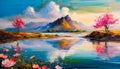 Painting of mountain peaks, river or lake, blooming nature and tree with pink flowers. Natural landscape Royalty Free Stock Photo