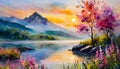 Painting of mountain peaks, river or lake, blooming nature and tree with pink flowers. Natural landscape Royalty Free Stock Photo