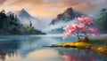 Painting of mountain peaks, river or lake, blooming nature and tree with pink flowers. Natural landscape Royalty Free Stock Photo