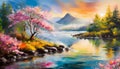 Oil painting of mountain peaks, river or lake, blooming nature and tree with pink flowers. Natural landscape Royalty Free Stock Photo