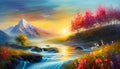 Oil painting of mountain peaks, river or lake, blooming nature and tree with pink flowers. Natural landscape Royalty Free Stock Photo