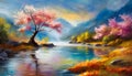 Oil painting of mountain peaks, river or lake, blooming nature and tree with pink flowers. Natural landscape Royalty Free Stock Photo