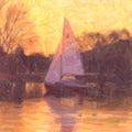 Small Sail Boat at Sunset, Oil Painting Style