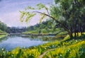 Oil Painting - summer landscape, blue river, sunny beach