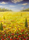 Oil painting summer landscape of a red ogange flower poppy field, blue sky clouds