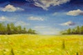 Oil painting summer landscape of a red ogange flower poppy field, blue sky clouds