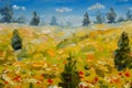 Oil painting summer landscape of a red ogange flower poppy field, blue sky clouds