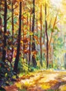 Oil painting sunny Autumn forest.