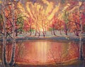 Oil painting sunset autumn landscape on canvas with nature, beautiful forest, golden foliage, crimson trees, sun light beams