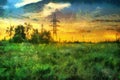 Oil painting sunset in a field in the countryside Royalty Free Stock Photo