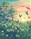 Oil painting sunset landscape on canvas with butterflies, beautiful flowers, meadow with green grass, floral artwork art Royalty Free Stock Photo