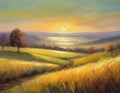 Oil painting of sunset landscape during golden hour