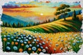 Oil painting sunset meadow landscape with wildflower - ai generated Royalty Free Stock Photo