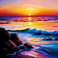 oil painting of a sunset over the ocean, with orange and pink hues, gentry rolling waves