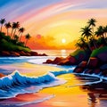 oil painting of a sunset over the ocean, with orange and pink hues, gentry rolling waves, and palm trees