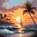 A sunset over the ocean, with waves, clouds, and a sailboat, AI-Generated