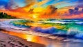 Oil painting sunset or sunrise sky over the ocean tropical beach. Tranquil seascape. Horizon over the water Royalty Free Stock Photo